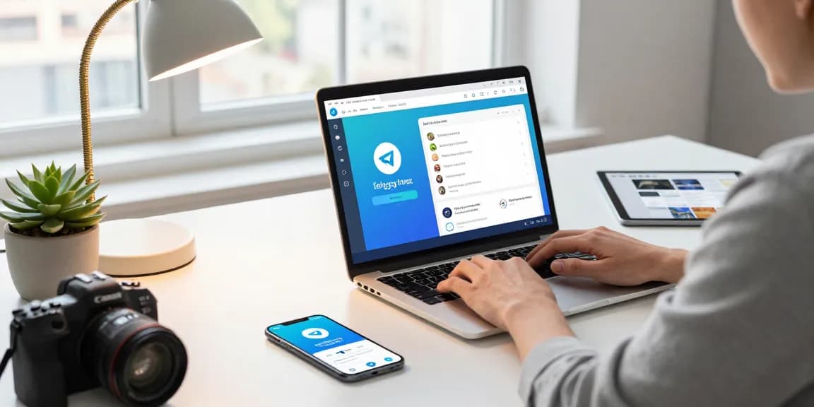 Utilizing the Telegram Web Version on a laptop in a bright workspace, featuring chat notifications and a digital collaboration setup.