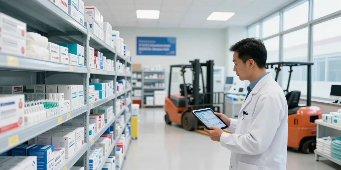 Efficient medical products supply warehouse with organized inventory management and quality control.