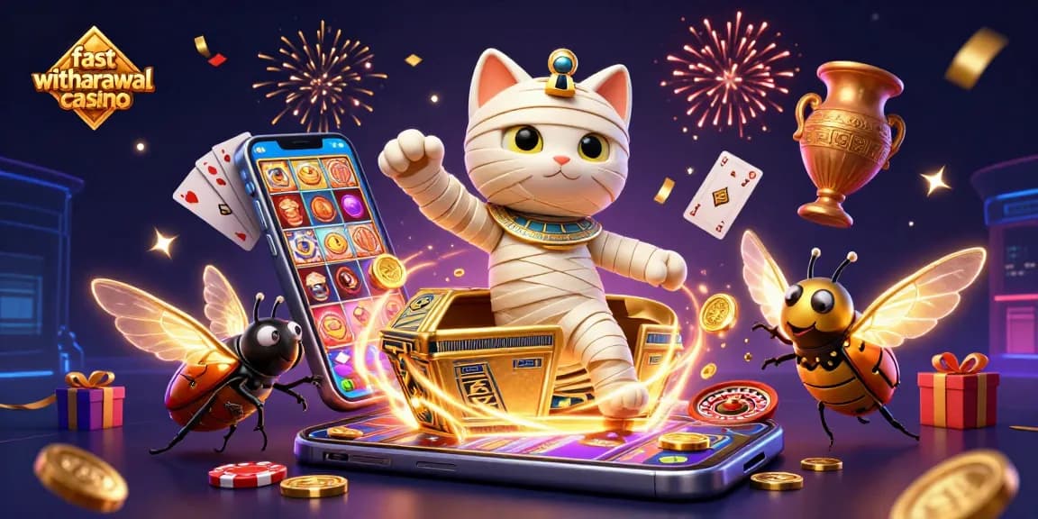 Experience excitement at this fast withdrawal casino with a mummy cat and golden coins raining down.