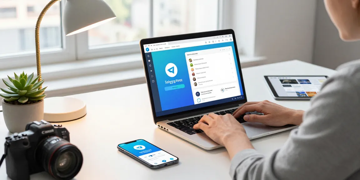 Utilizing the Telegram Web Version on a laptop in a bright workspace, featuring chat notifications and a digital collaboration setup.