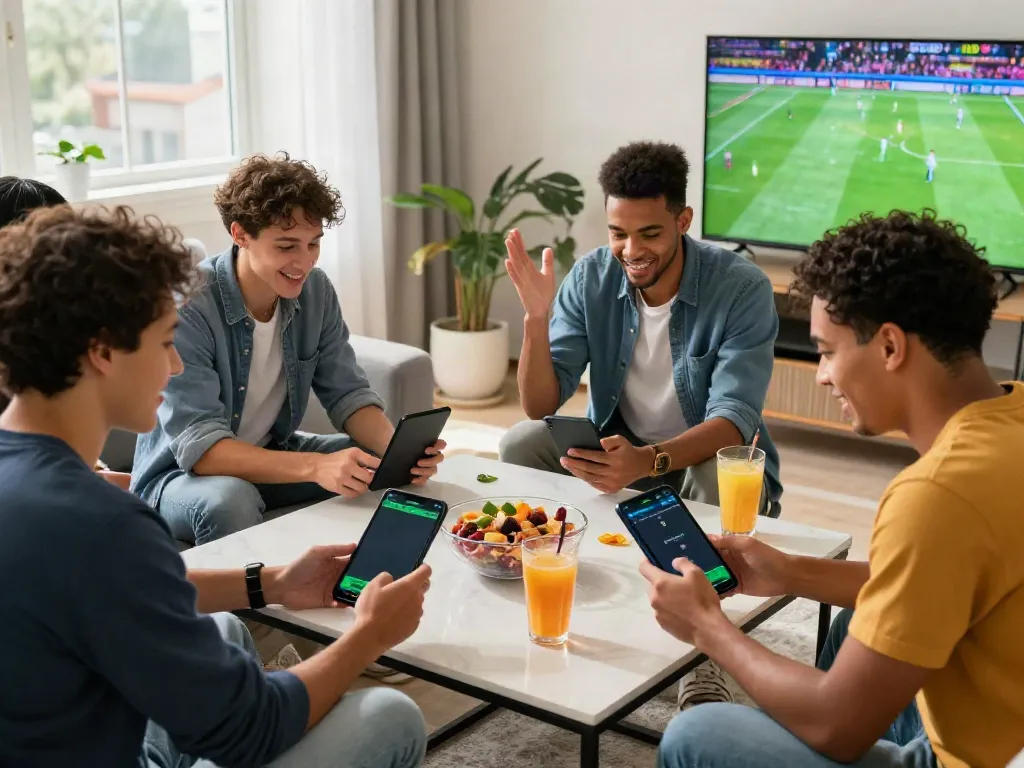 Gathering of friends using https://uk88win.org/ to place online bets on sports events in modern living room.