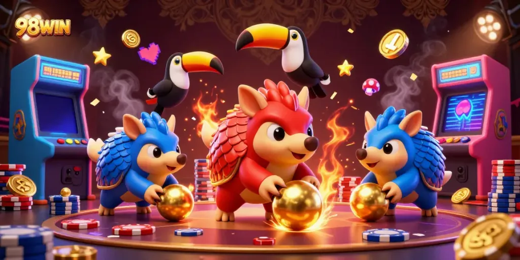 Experience thrilling gameplay with 98WIN's vibrant gambling scene featuring pangolins and casino elements.