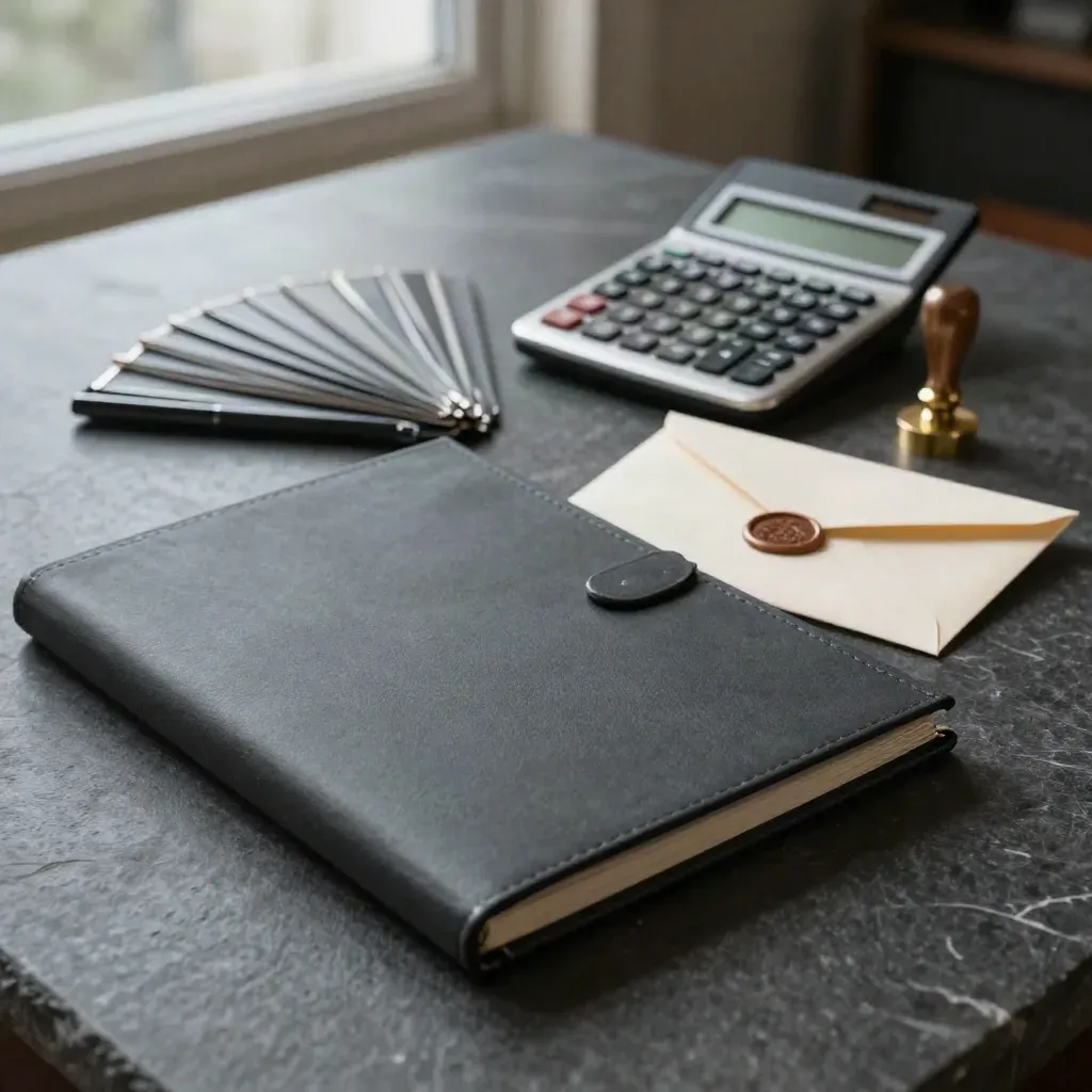Premium underwriting kit on dark stone with folio, calculator, stamp, envelope, and metal tabs.
