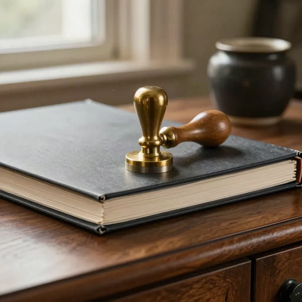 Macro still life of a credit folio, brass stamp, steel clip, and ceramic paperweight on walnut.