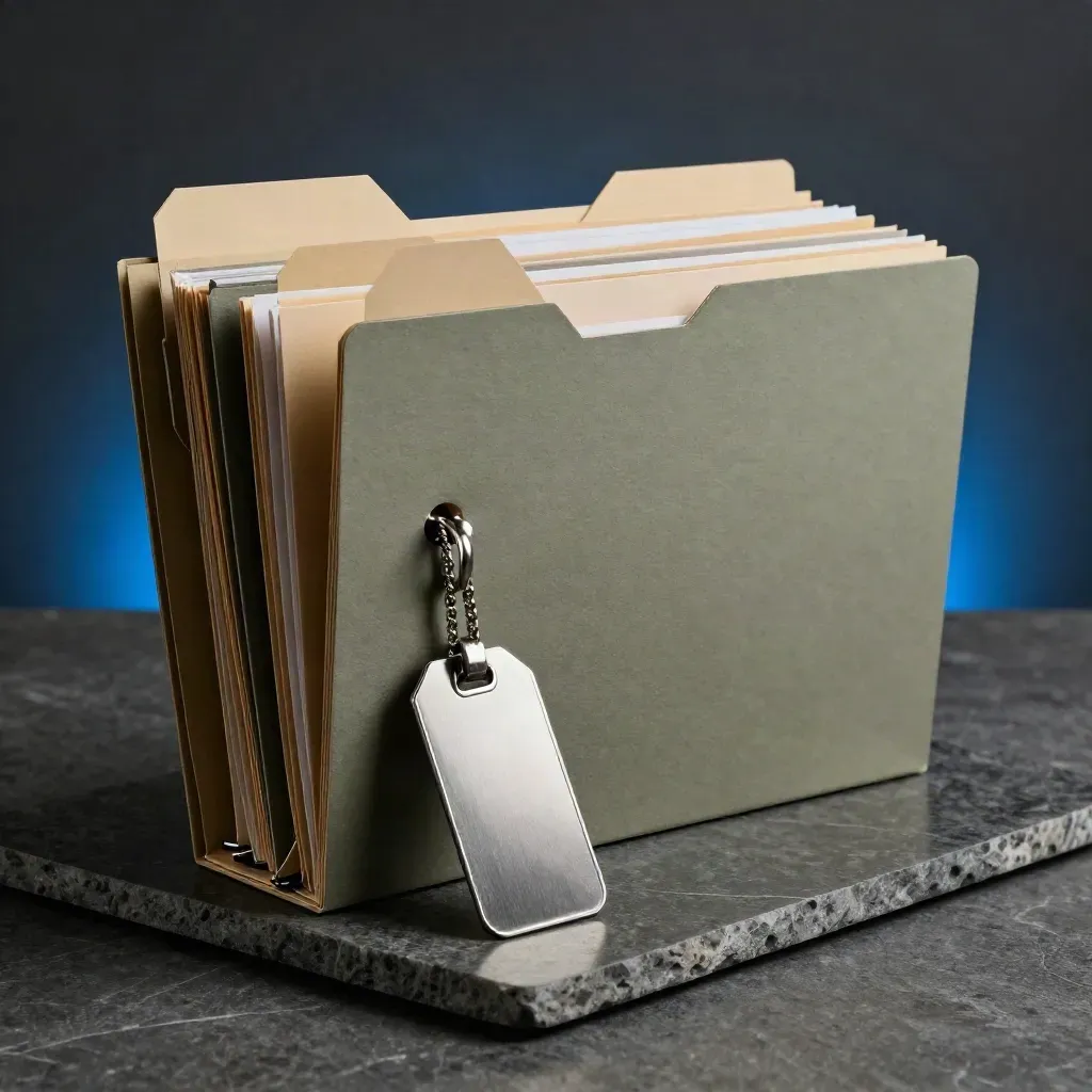 Folders, binder rings and a metal approval tag on stone in a dramatic finance still life.