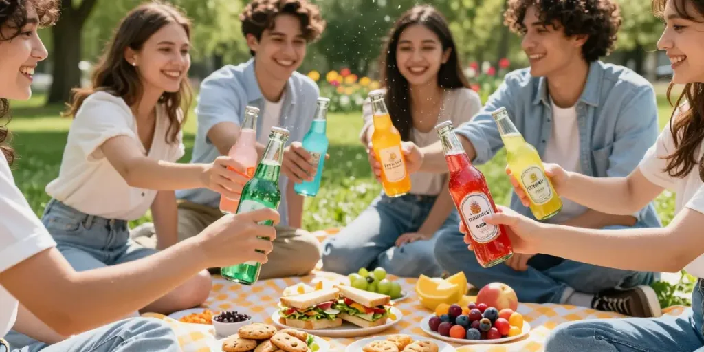 Friends enjoying craft soda at a sunny picnic with vibrant snacks and greenery.