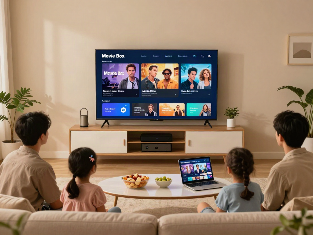 Family enjoying movie night using the Movie Box app in a cozy living room.