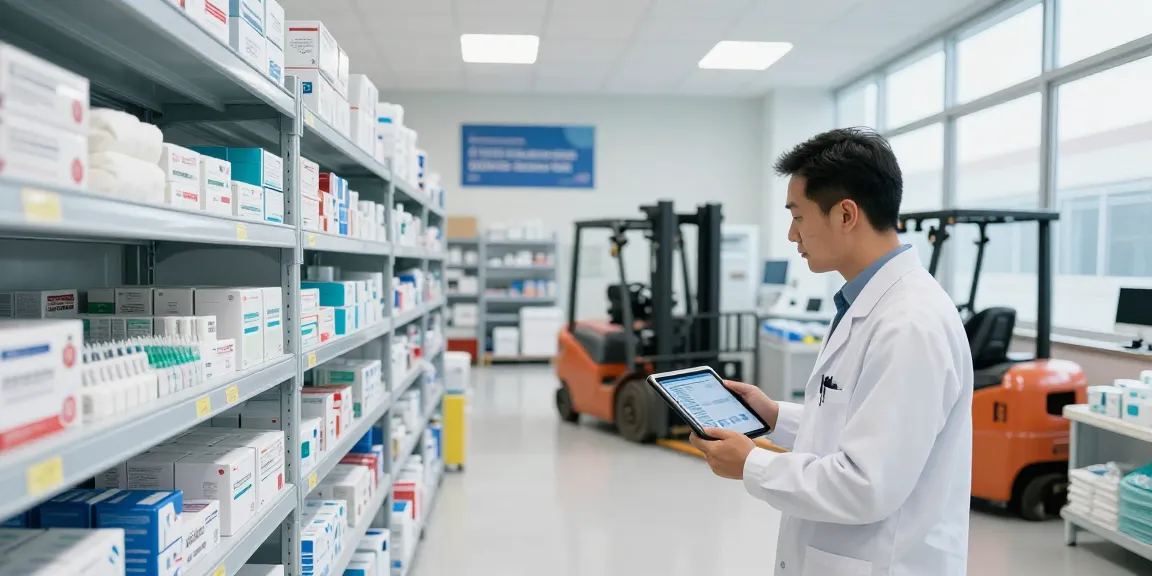 Efficient medical products supply warehouse with organized inventory management and quality control.