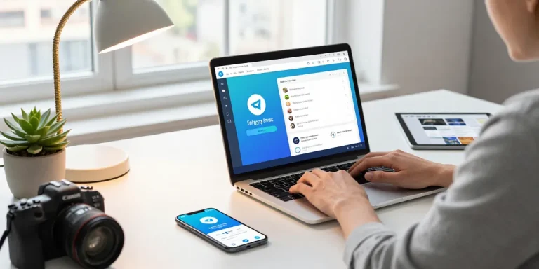 Utilizing the Telegram Web Version on a laptop in a bright workspace, featuring chat notifications and a digital collaboration setup.