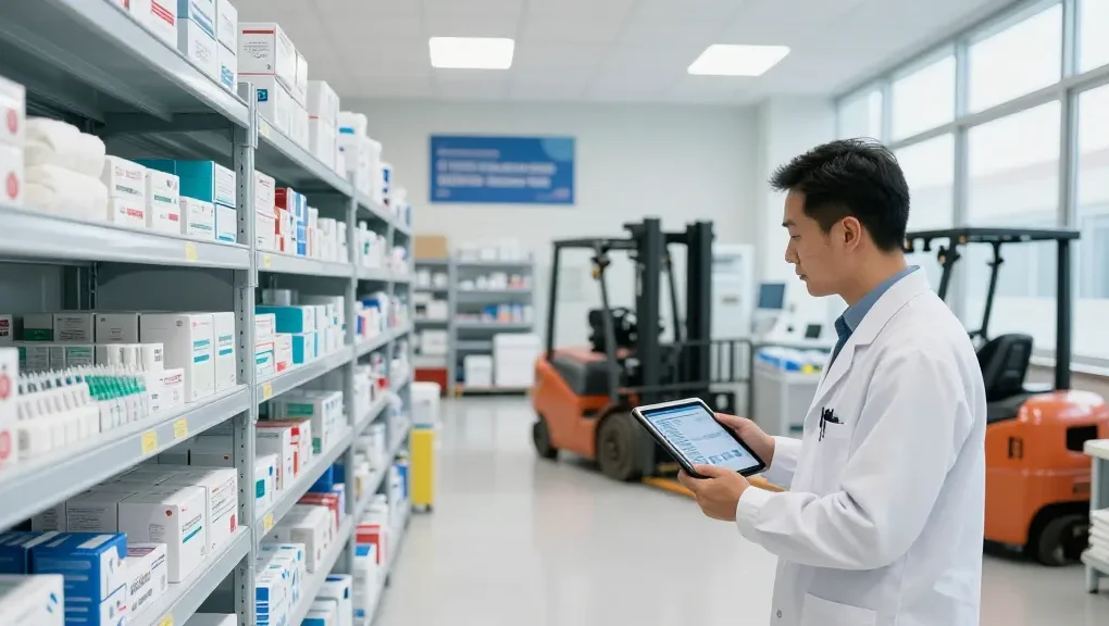 Efficient medical products supply warehouse with organized inventory management and quality control.